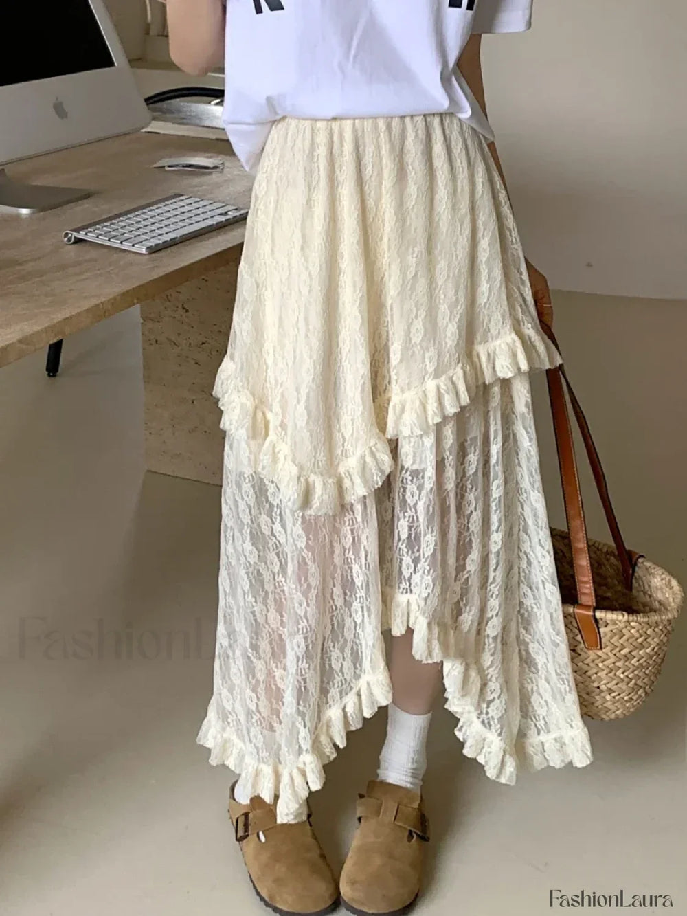 Lace Goth Asymmetrical Ruched Skirt Beige / S
