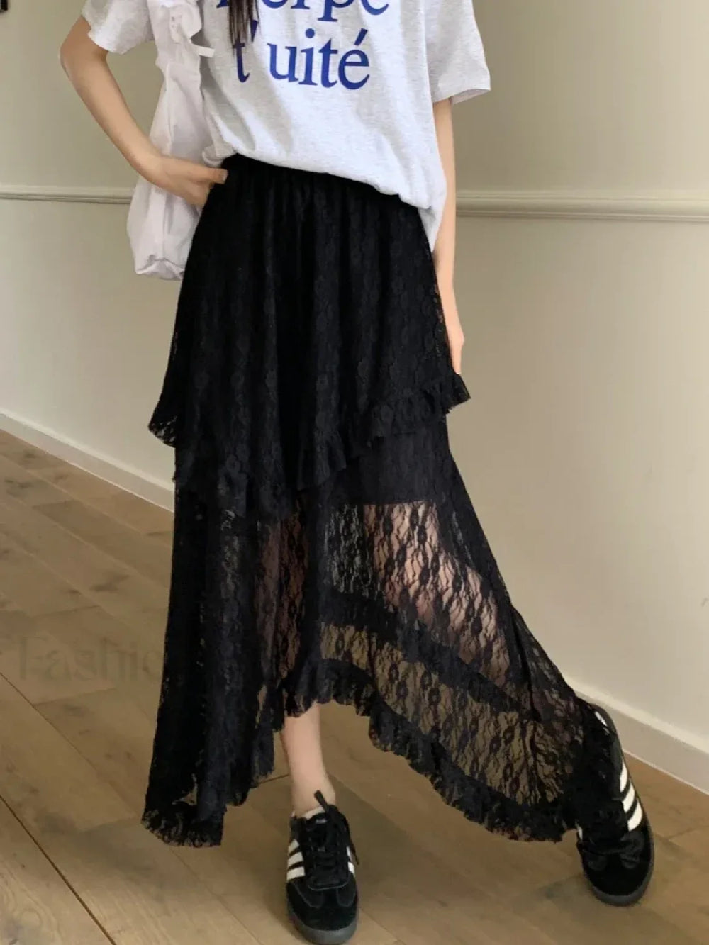 Lace Goth Asymmetrical Ruched Skirt Black / S