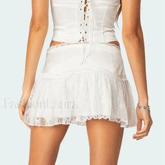 Lace Layered Ruffle Mini Skirt WHITE / S