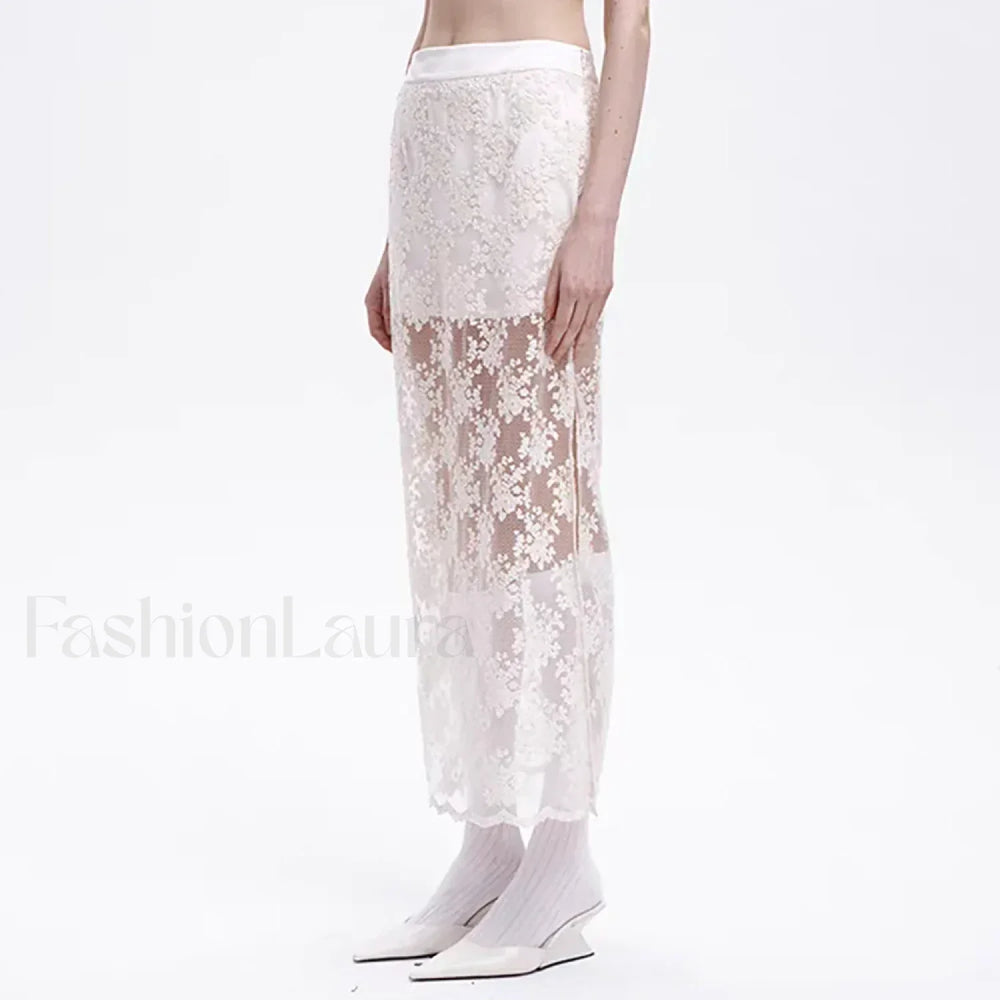 Lace Mesh Side Slit Crochet Skirt