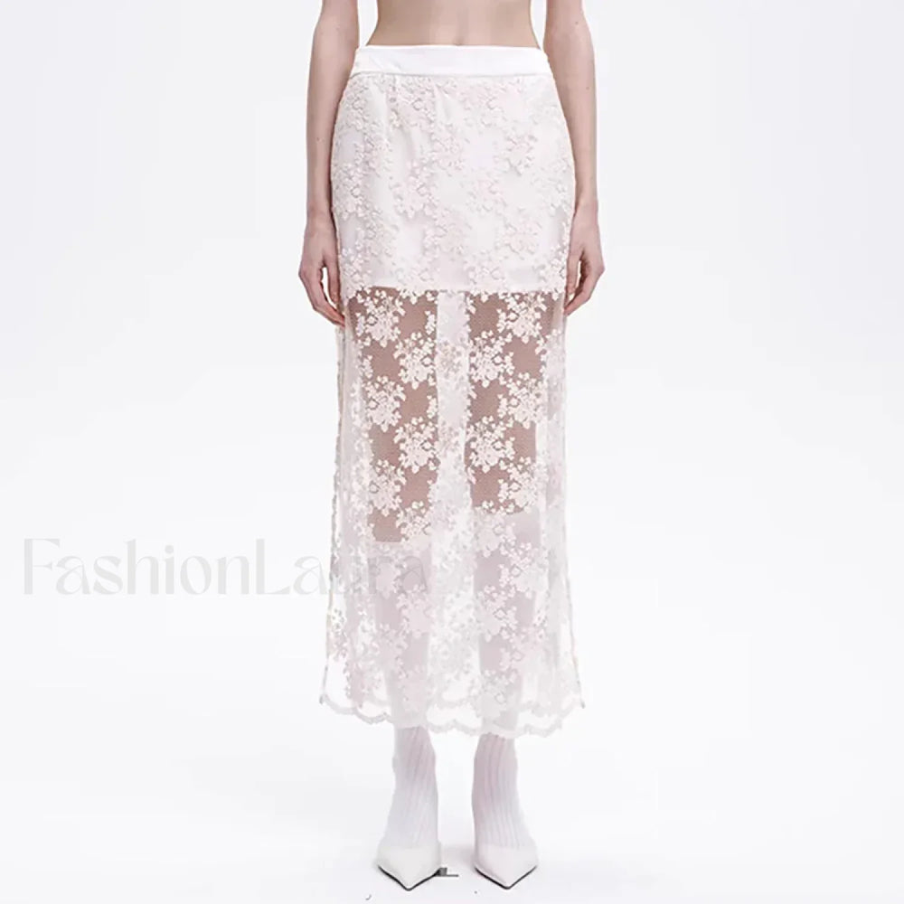 Lace Mesh Side Slit Crochet Skirt WHITE / S