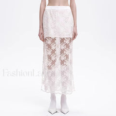 Lace Mesh Side Slit Crochet Skirt WHITE / S