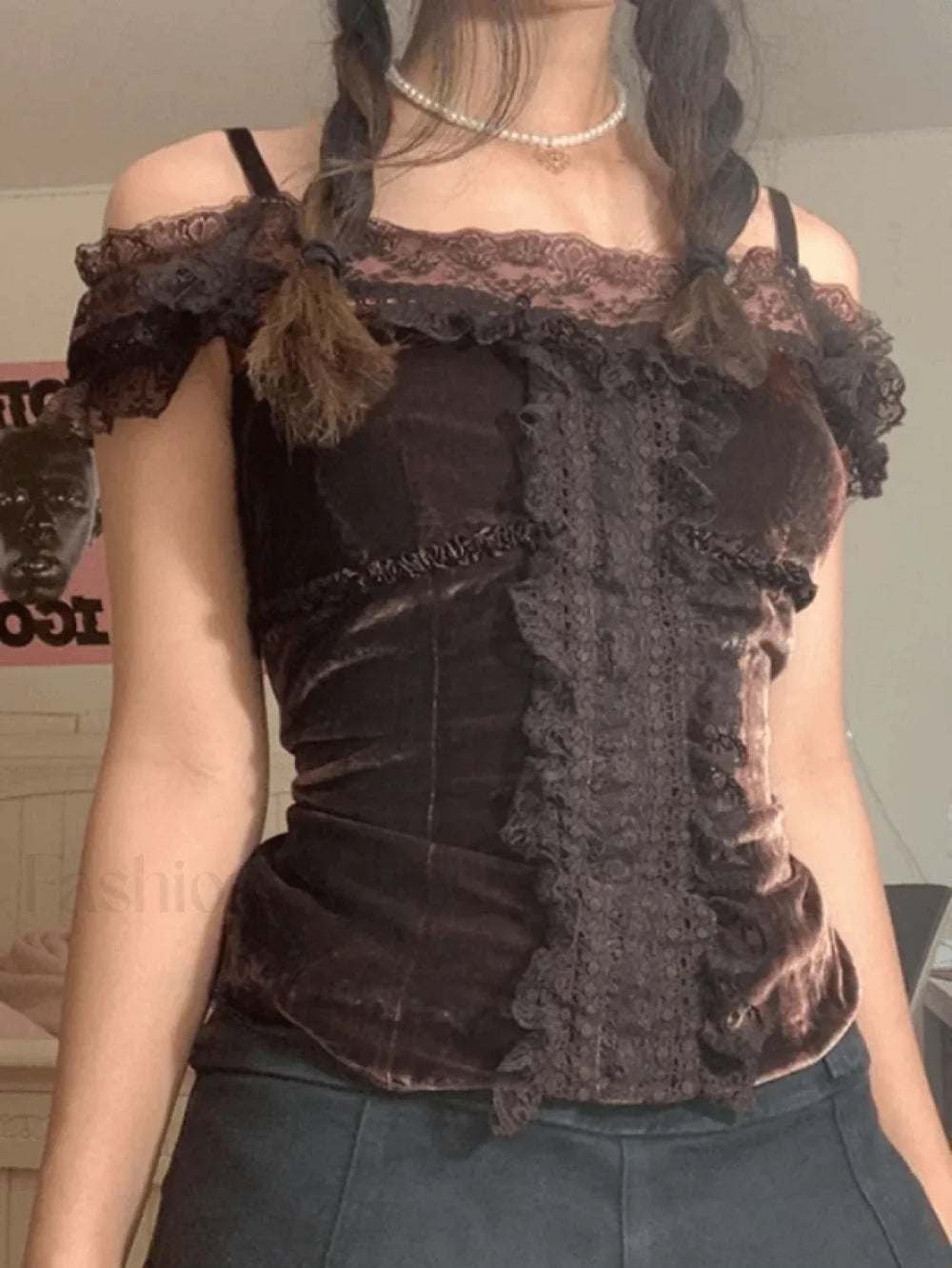 Lace Paneled Bardot Blouse Brown / S Shirts