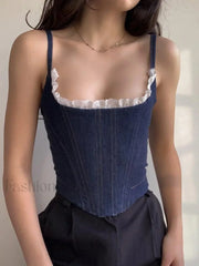 Lace Paneled Denim Corset Top Blue / S Tops&Tees