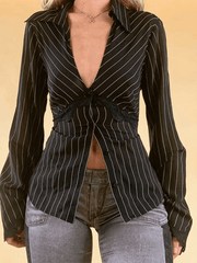 Lace Paneled Long Sleeve Striped Blouse Black / S Tops&Tees