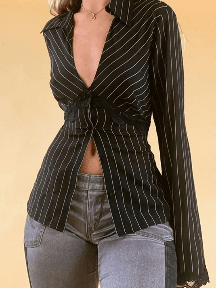 Lace Paneled Long Sleeve Striped Blouse Tops&Tees