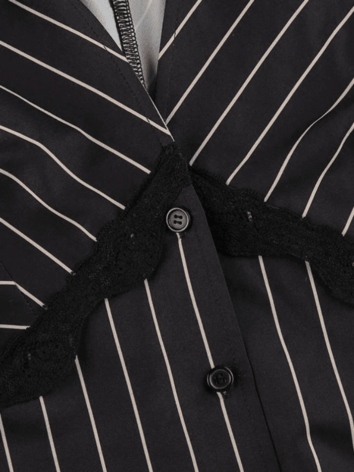 Lace Paneled Long Sleeve Striped Blouse Tops&Tees