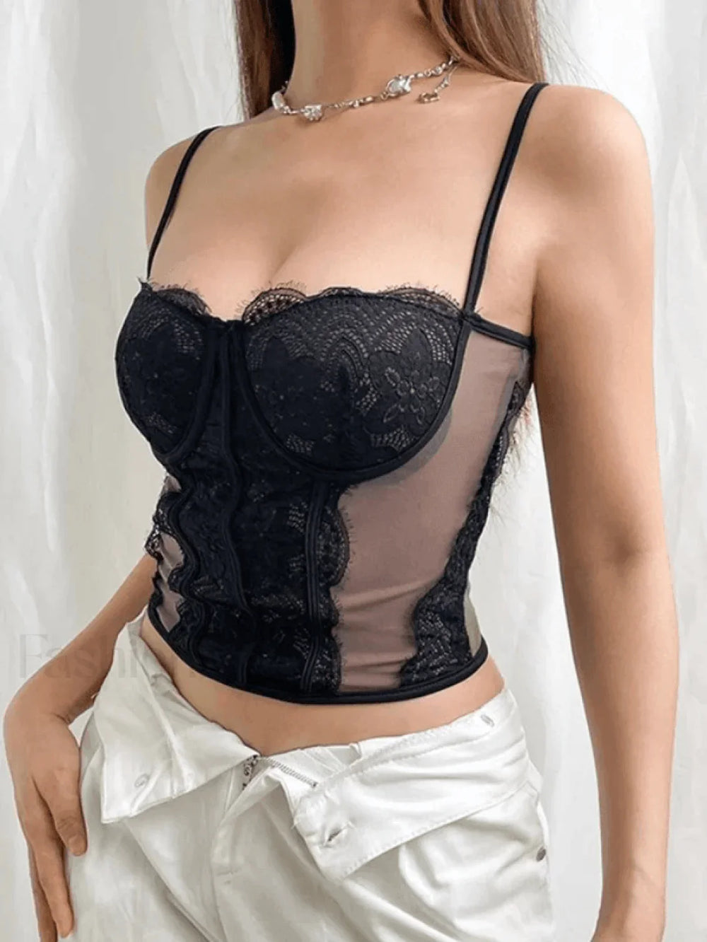Lace Paneled Mesh Corset Top Tops&Tees