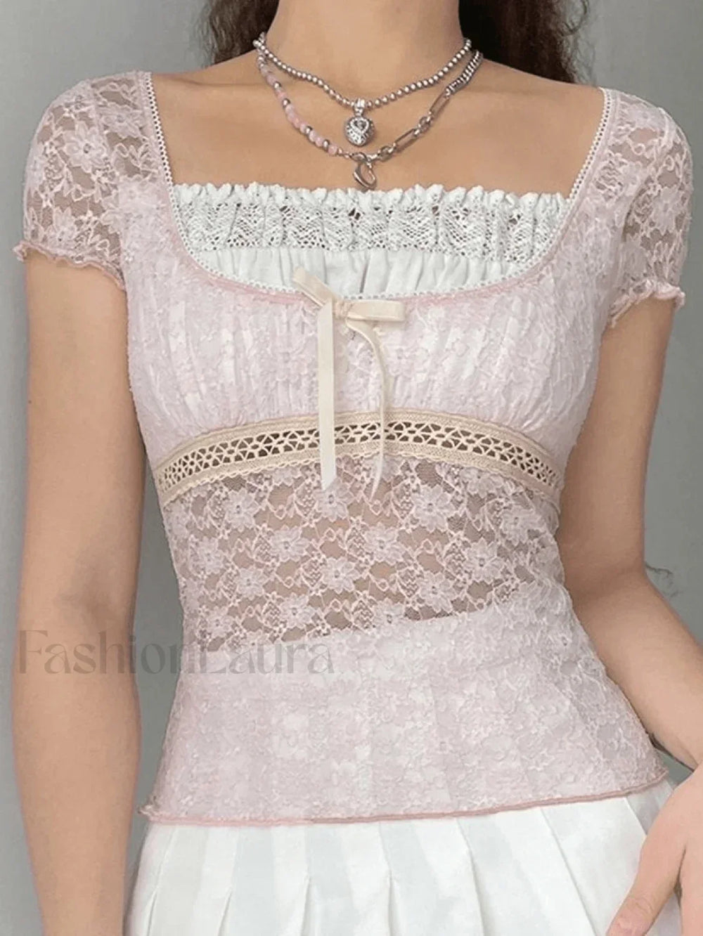 Lace Patchwork Crop Blouse Pink / S Shirts