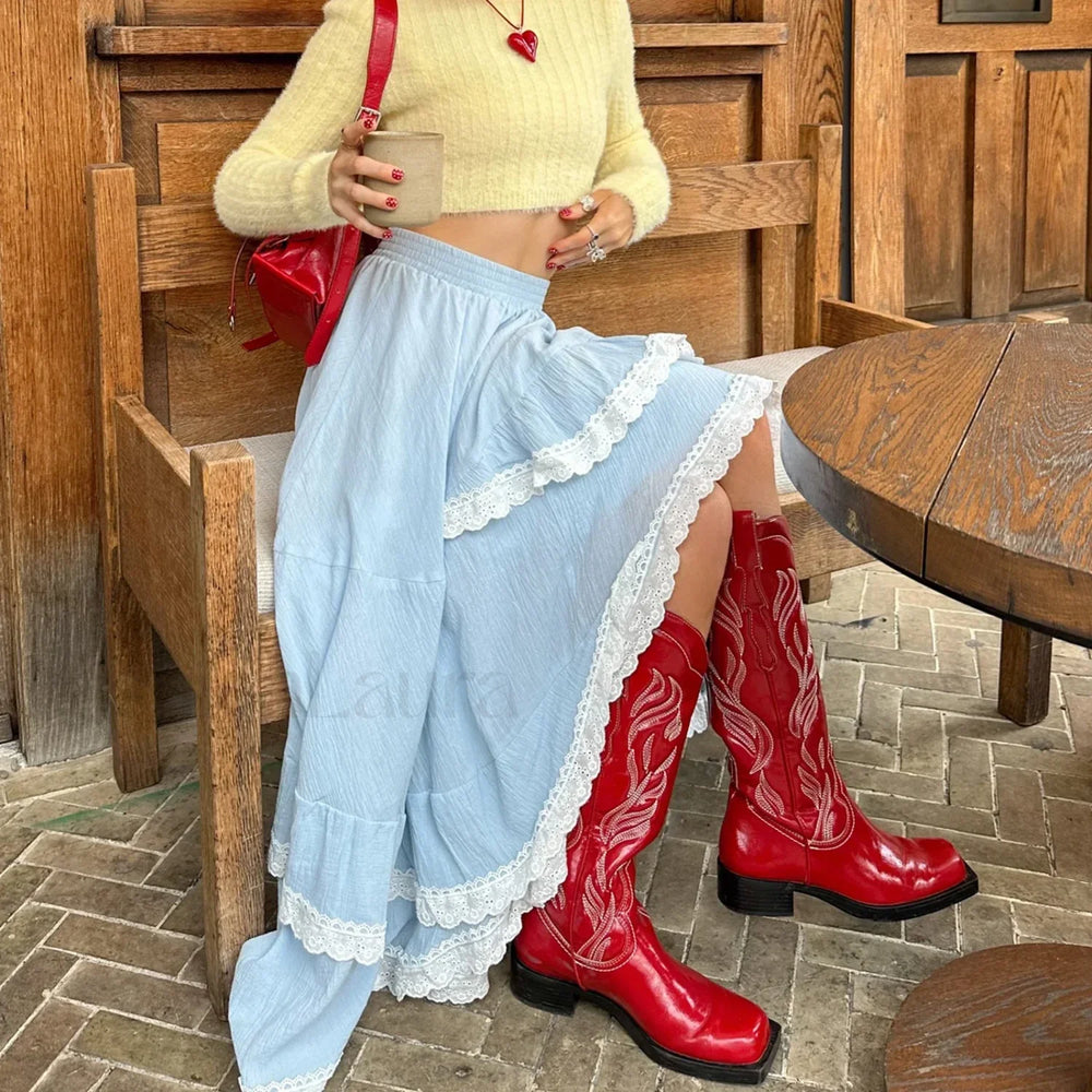 Lace Patchwork Midi Skirt BLUE / S