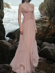 Lace Patchwork Pink Maxi Dress pink / XS