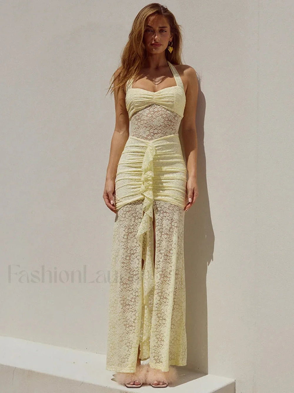 Lace Patchwork Ruched Maxi Dress