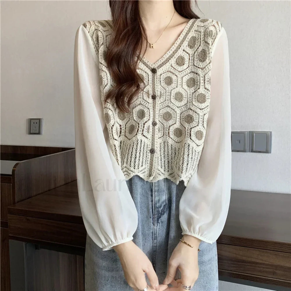 Lace Patchwork Solid Color Pullover Casual Clothes Blouse APRICOT / One Size