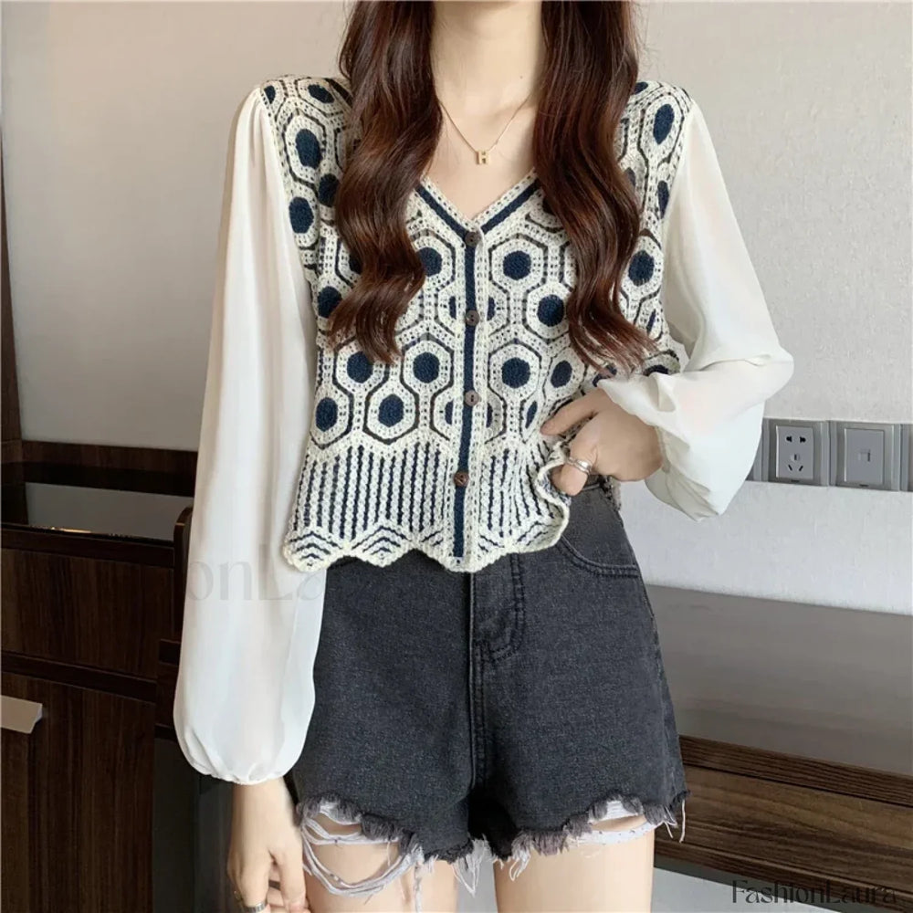 Lace Patchwork Solid Color Pullover Casual Clothes Blouse DEEP BLUE / One Size