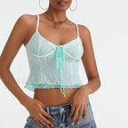 Lace Patchwork Tie Up Crop Top Blue / S