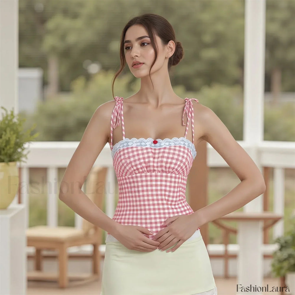 Lace Plaid Fitted Crop Top Pink / S