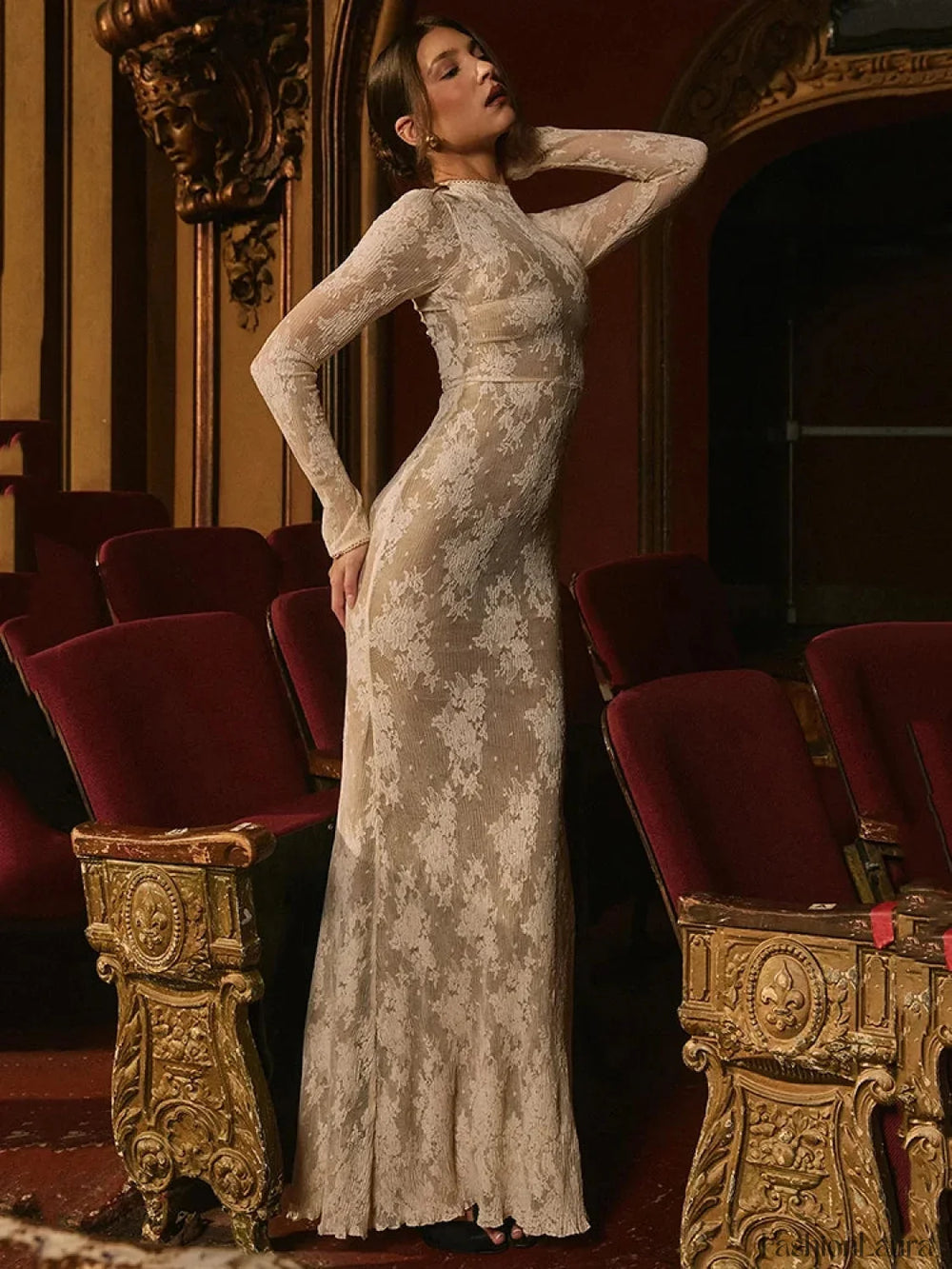 Lace Print Long Sleeve Maxi Dress