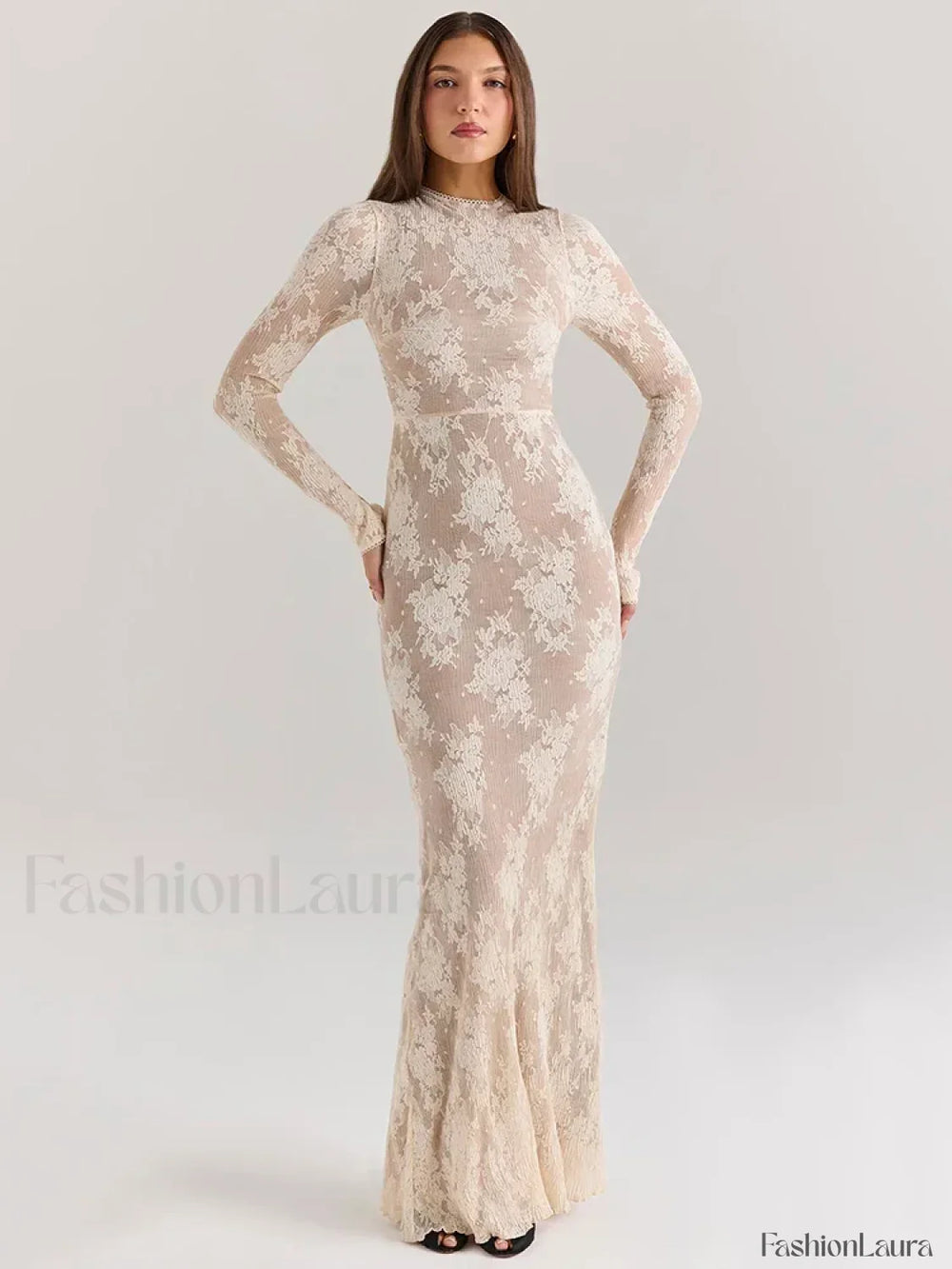 Lace Print Long Sleeve Maxi Dress