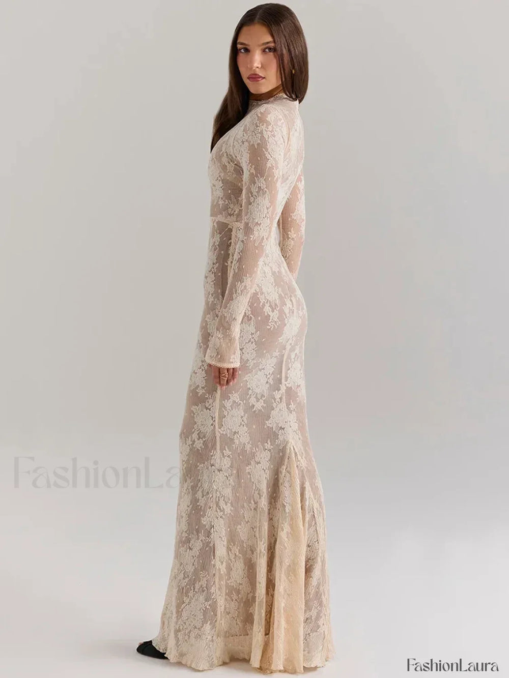Lace Print Long Sleeve Maxi Dress