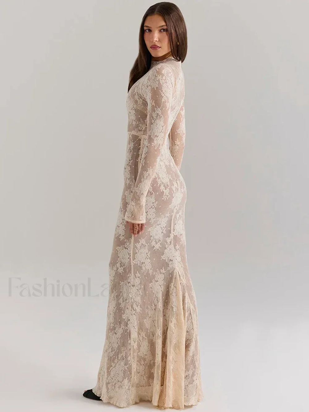 Lace Print Long Sleeve Maxi Dress