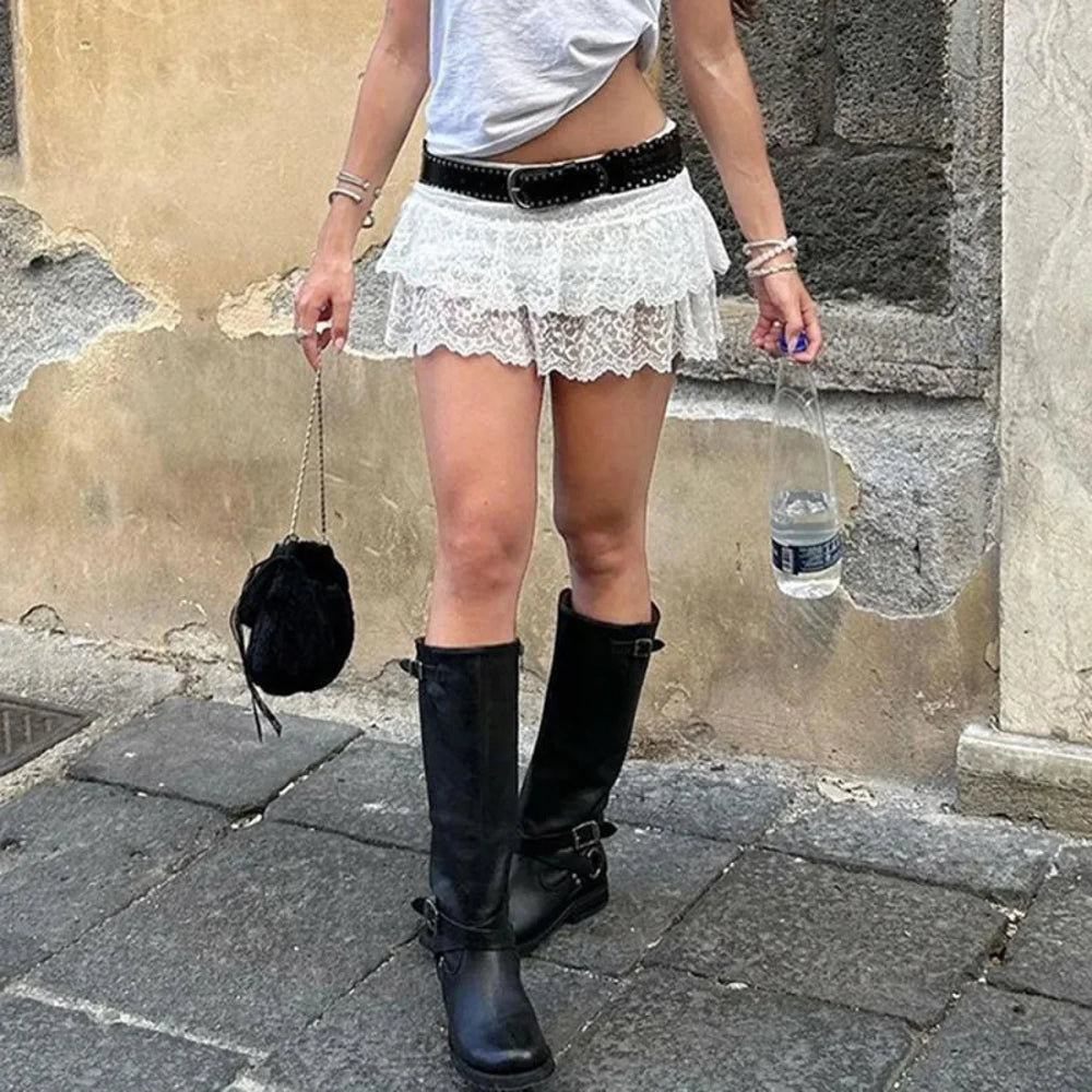 Lace Ruffled Mini Skirt White / S