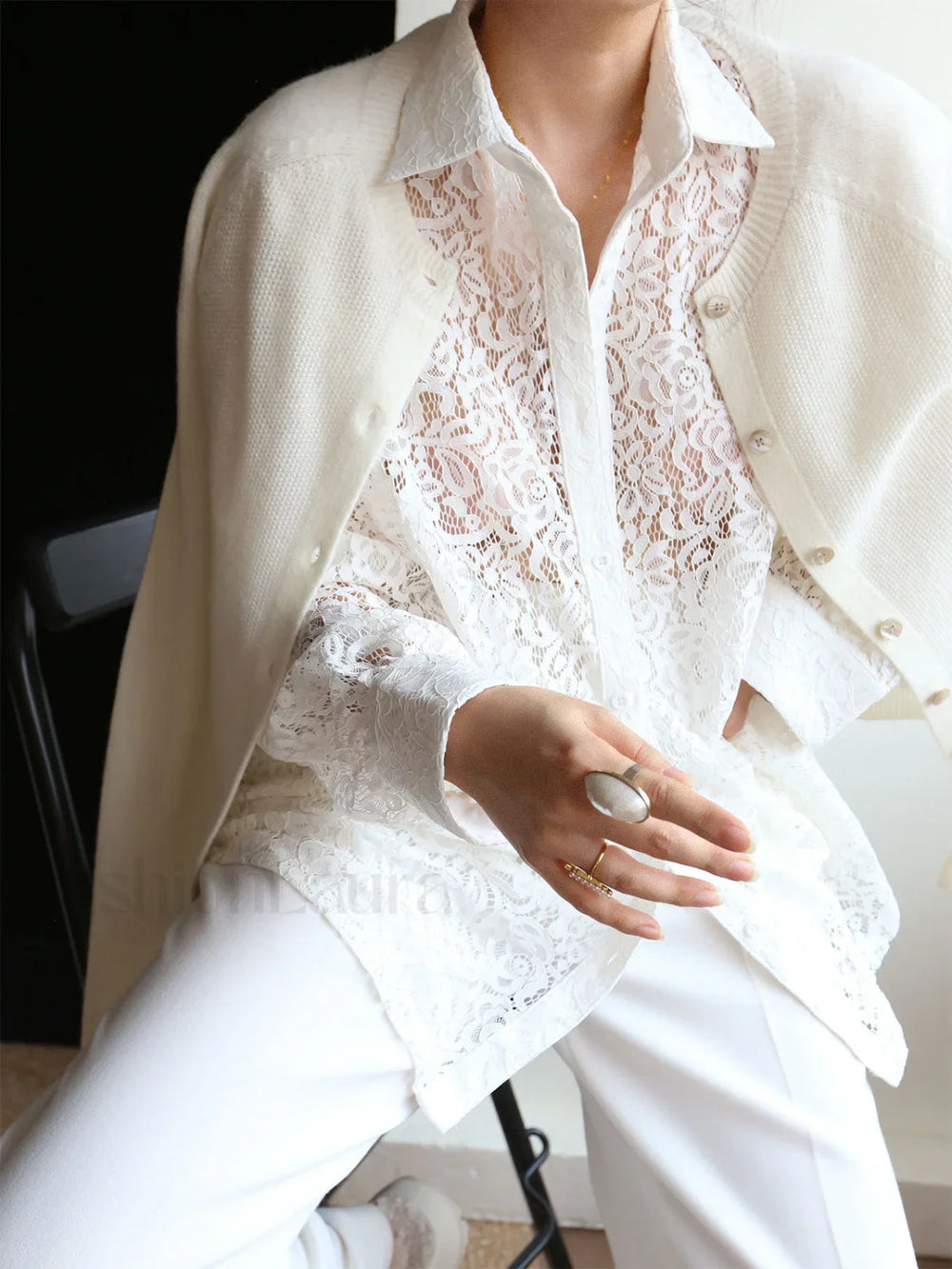 Lace Semi sheer Graceful Collared Shirt Shirts