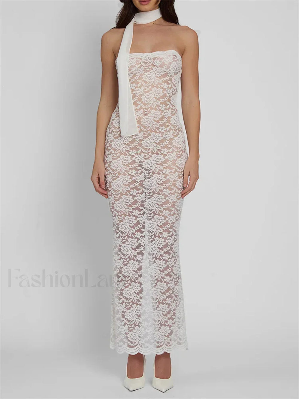 Lace Sheer Strapless Floral Maxi Dress white / S
