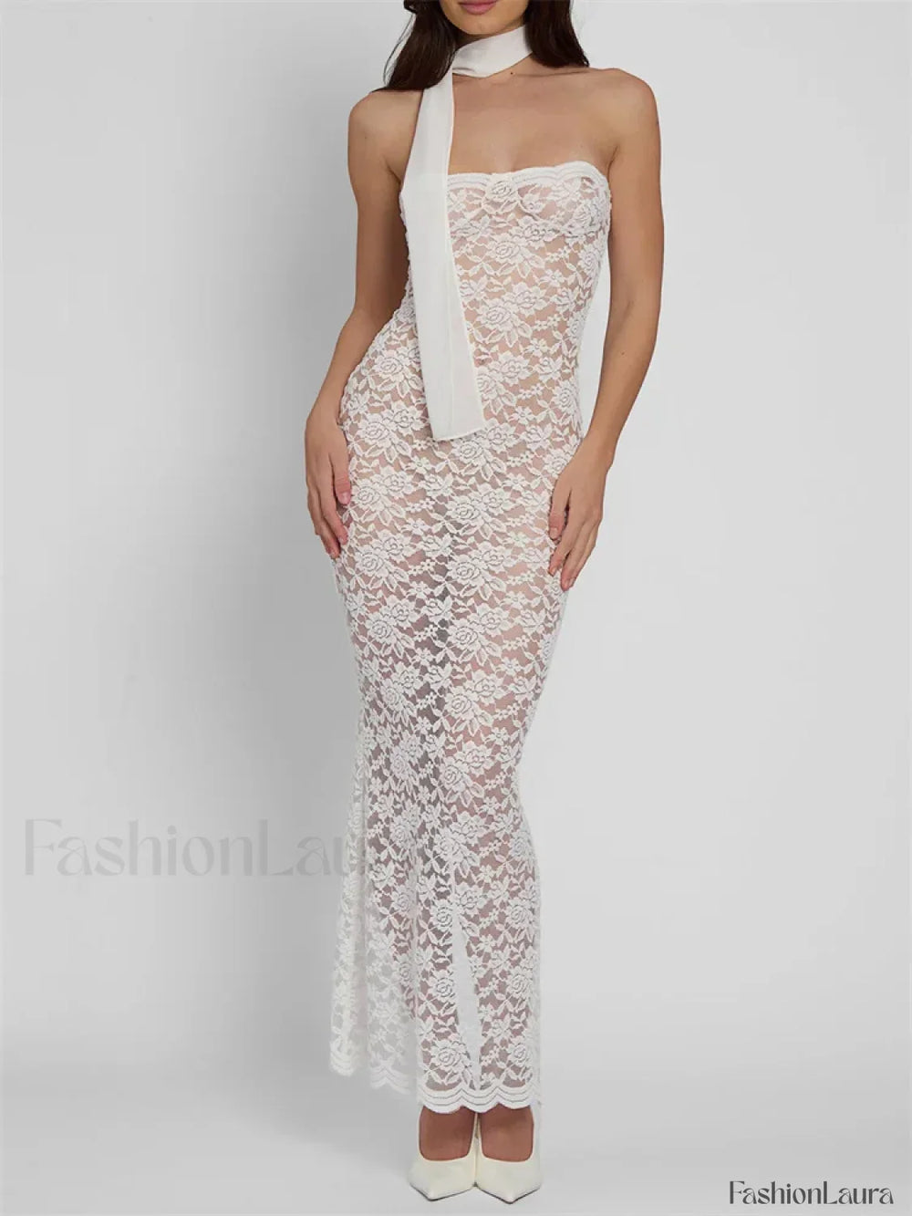 Lace Sheer Strapless Floral Maxi Dress