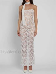 Lace Sheer Strapless Floral Maxi Dress white / S