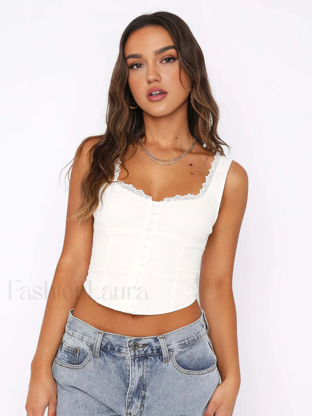 Lace Trim Button Up Strappy Top Tank Tops & Camis