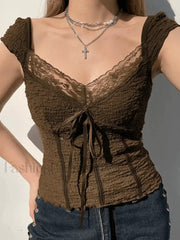Lace Trim Crinkle Cropped Blouse Shirts