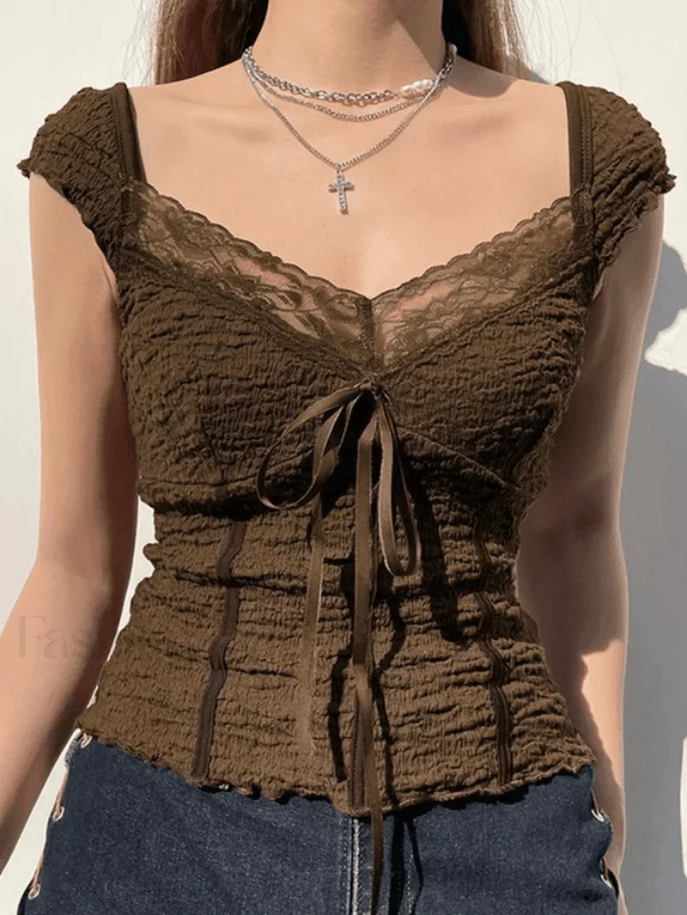 Lace Trim Crinkle Cropped Blouse Brown / S Shirts