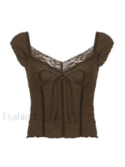 Lace Trim Crinkle Cropped Blouse Shirts