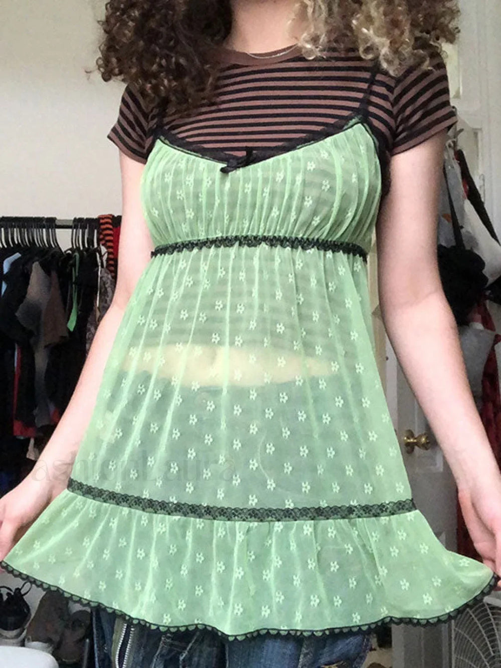 Lace Trim Floral Mini Dress Green / S Mini Dresses