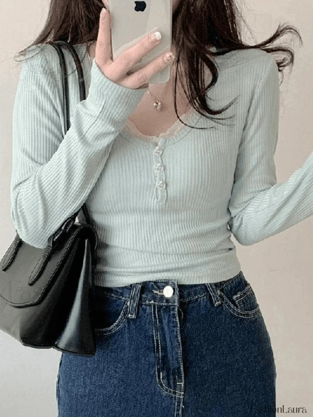 Lace Trim Knit Long Sleeve Crop Top Sweaters