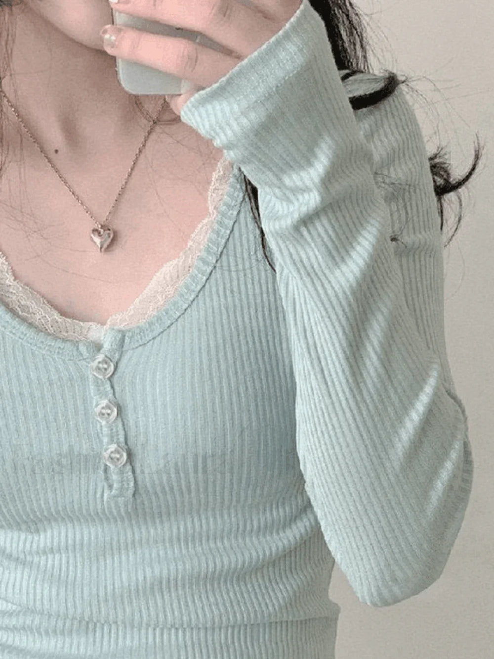 Lace Trim Knit Long Sleeve Crop Top Sweaters