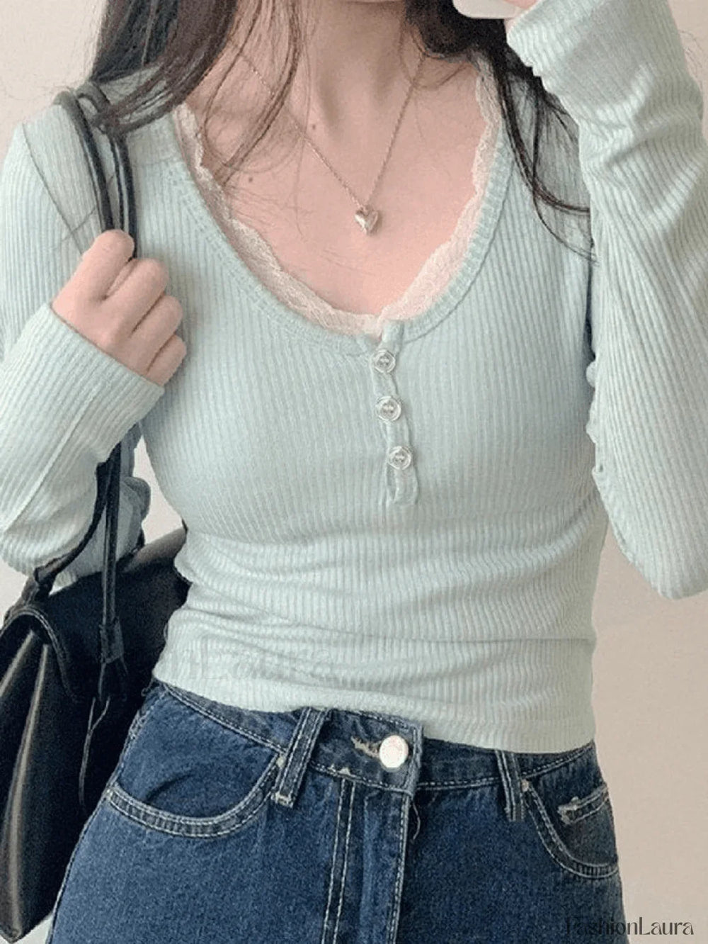 Lace Trim Knit Long Sleeve Crop Top Sweaters