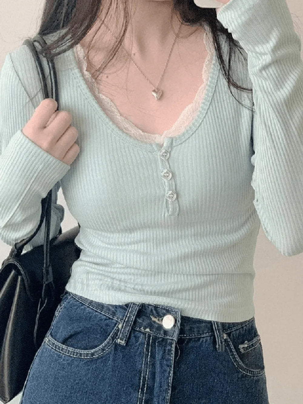 Lace Trim Knit Long Sleeve Crop Top Sweaters