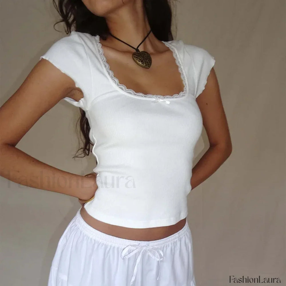 Lace Trim Knitted Vintage T Shirt WHITE / S