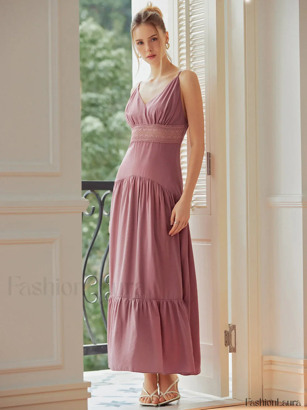 Lace Trim Layered Trendy Hem Cami Long Dress Pink / XS Dresses