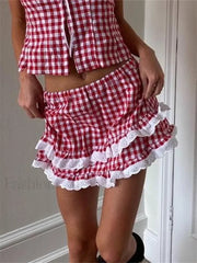 Lace Trim Plaid A Line Skirt