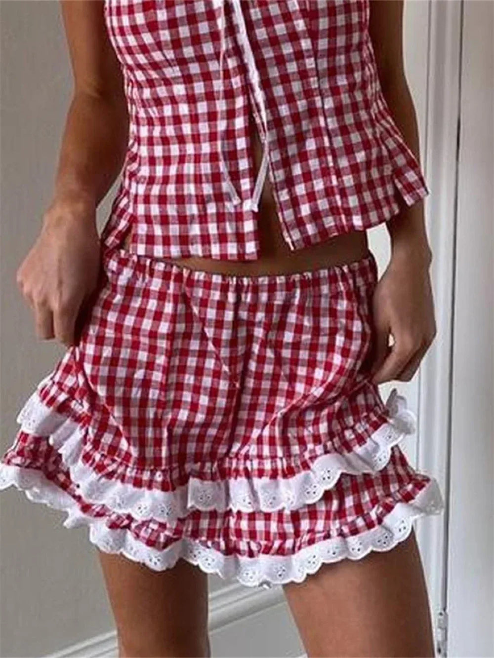 Lace Trim Plaid A Line Skirt RED / S