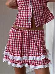 Lace Trim Plaid A Line Skirt