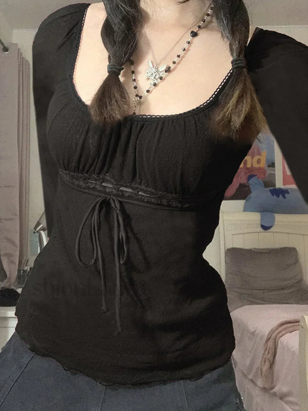 Lace Trim Tie Front Long Sleeve Blouse Long Sleeves