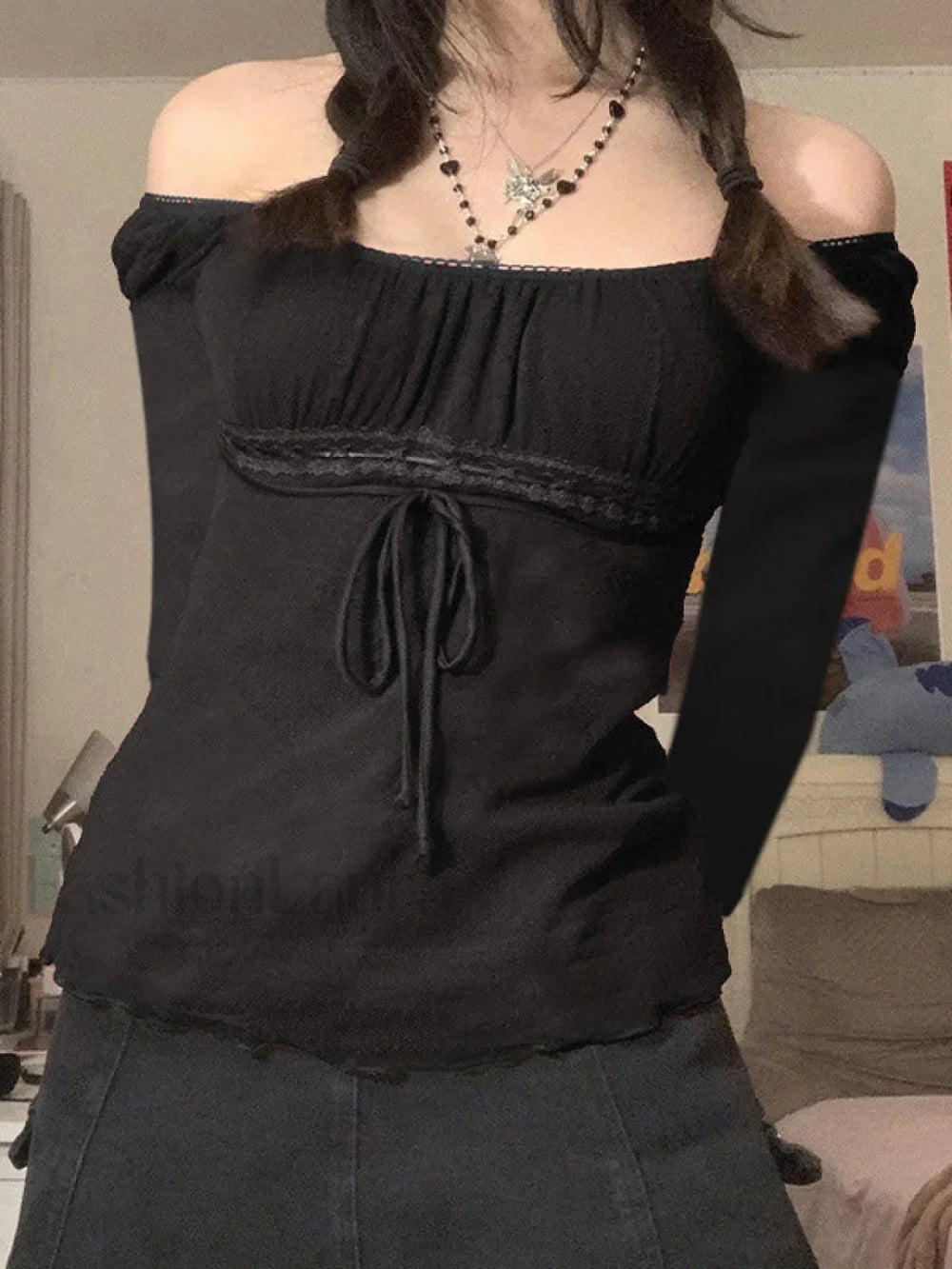 Lace Trim Tie Front Long Sleeve Blouse Long Sleeves