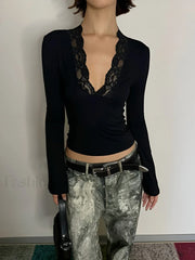 Lace Trim V Neck T Shirt Black / XS T Shirts