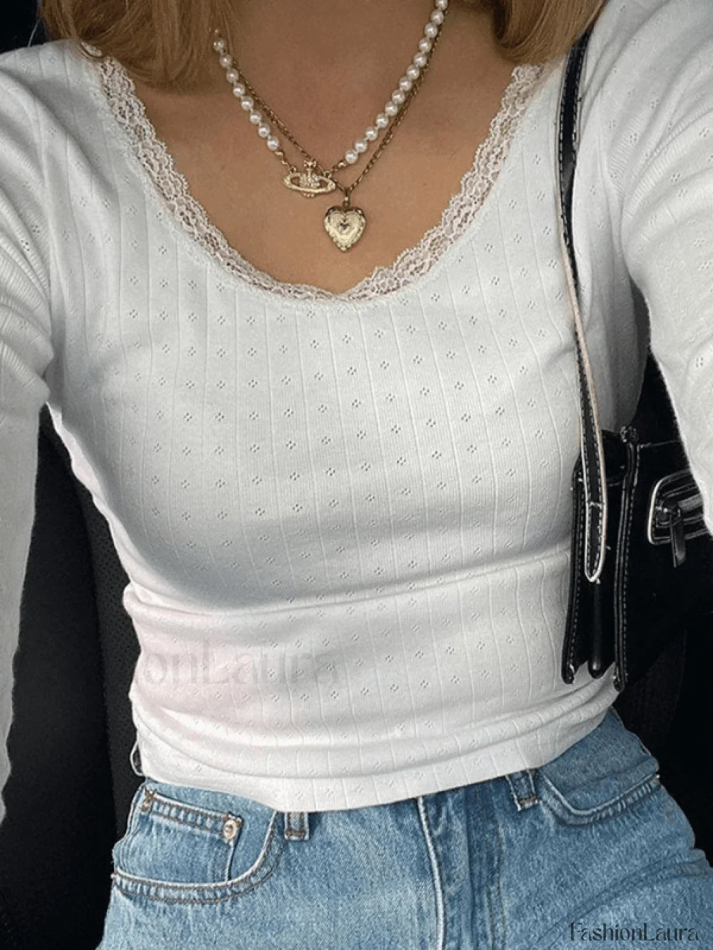 Lace Trim White Knit Top Sweaters