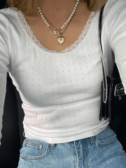 Lace Trim White Knit Top Sweaters