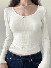 Lace Trim White Ribbed Knit Top White / S Sweaters