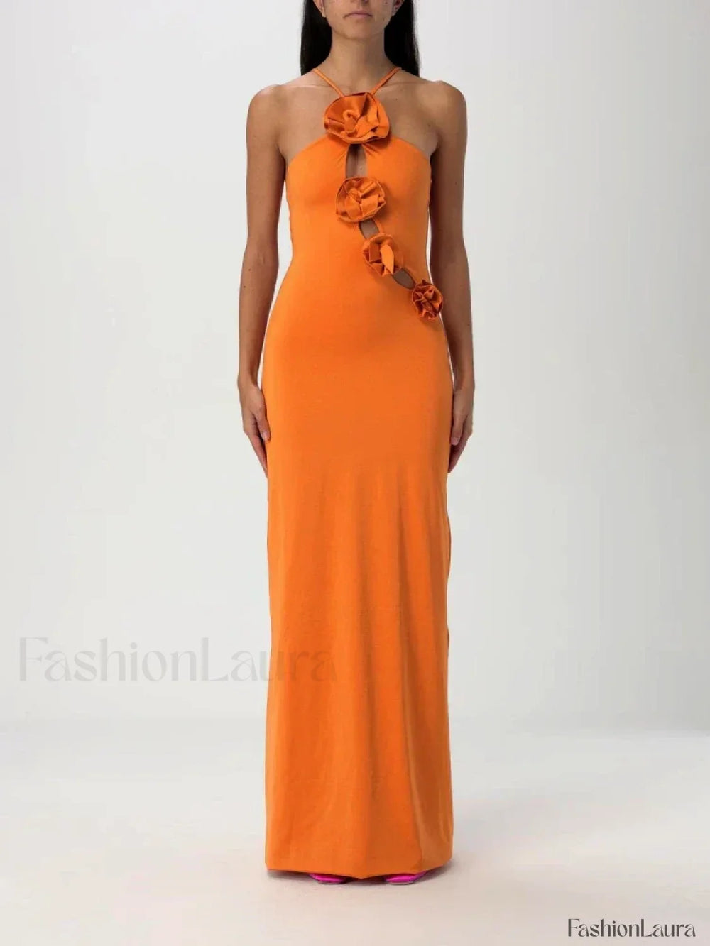 Lace up 3D Appliques Maxi Dress